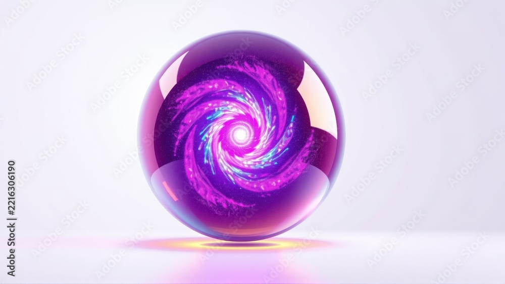 Fototapeta premium Glossy sphere contains swirling galaxy. Purple, pink hues dominate, reflecting light onto surface. Minimalist composition, elegant design.