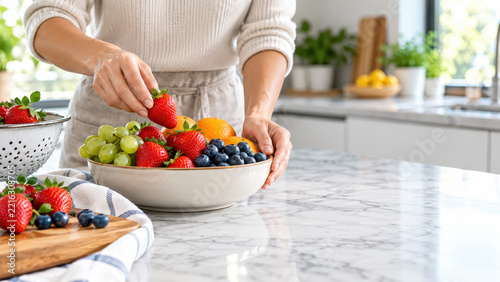 Healthy lifestyle routine includes preparing fresh fruit bowls with strawberries, blueberries, grapes, and oranges in bright kitchen promoting healthy living habits daily
