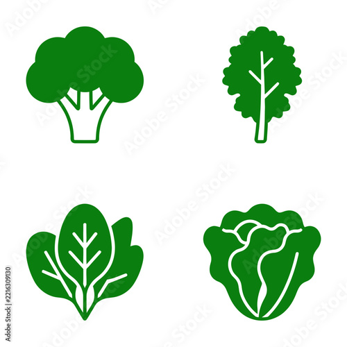 Green Vegetable Icons Set Including Broccoli, Leafy Greens, Tree and Cabbage