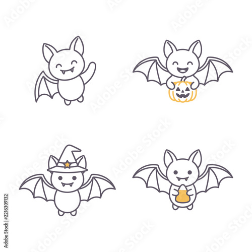 Cute Halloween Bat Character Set with Pumpkin and Witch Hat, Kawaii Style Line Art, Minimalist