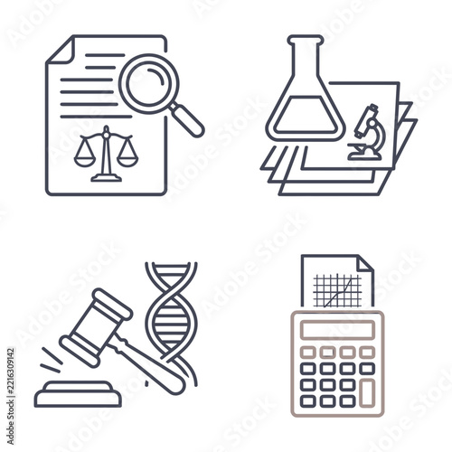 Forensic Science Icons Set: DNA, Microscope, Gavel, Calculator, Document, Scales