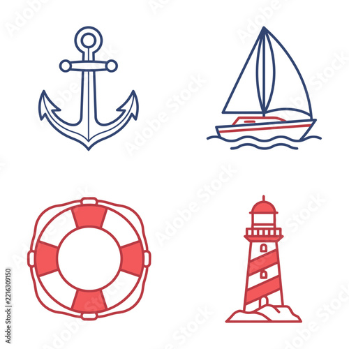 Nautical Icons Set: Anchor, Sailboat, Lighthouse, and Lifebuoy on White Background