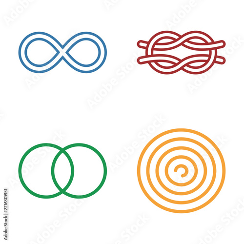 Colorful Abstract Line Art Symbols: Infinity, Knot, Venn and Spiral on White