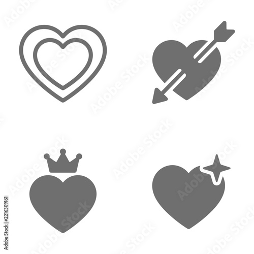 Set of Five Minimalist Gray Heart Icons with Arrow Crown and Sparkle Design