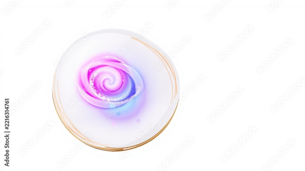 Fototapeta premium Circular design features swirling pink, purple hues. Golden rim surrounds white background. Abstract, elegant composition.