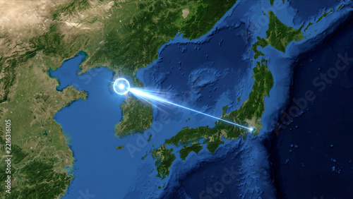 東アジアの衛星視点から東京とソウルを結ぶ光ラインが輝くホログラムCG