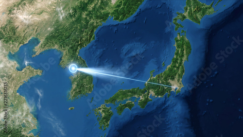 東アジアの衛星視点から東京とソウルを結ぶ光ラインが輝くホログラムCG
