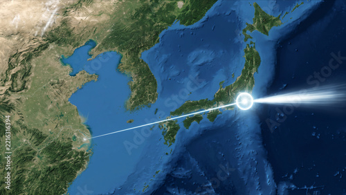東アジアの衛星視点から東京を発ち上海へ向かう光子オーブの抽象CG