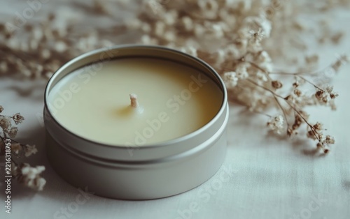 Handcrafted soy wax candle in a minimalist tin container, surrounded by delicate dried flowers, creating a serene and natural ambiance