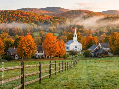 Small historic town with white church steeple surrounded by autumn trees landscape mountains architecture historic colorful outdoors atmosphere peaceful community.