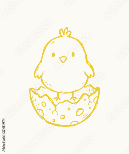 Cute hand drawn baby chick hatching from a spotted egg