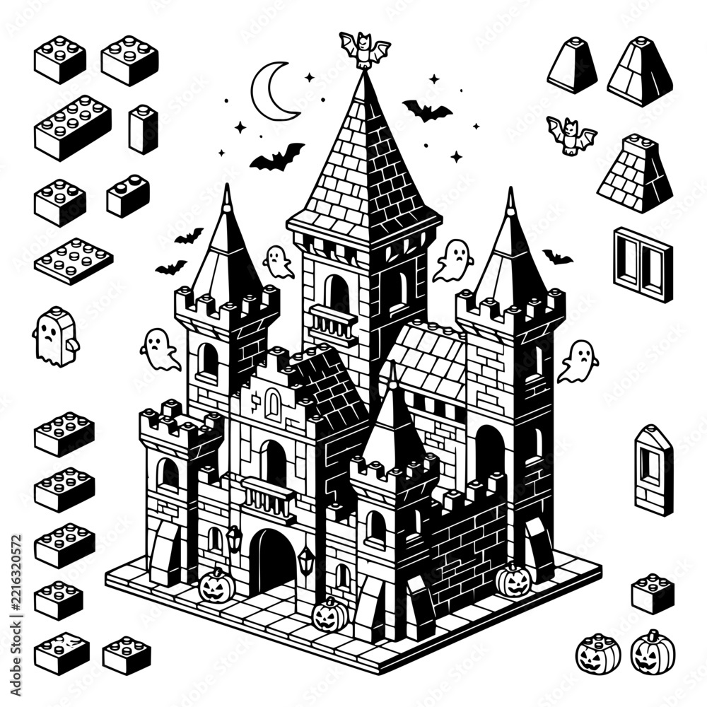 Obraz premium Halloween castle building blocks vector illustration set featuring spooky ghosts bats pumpkins moon towers bricks components isolated on transparent background