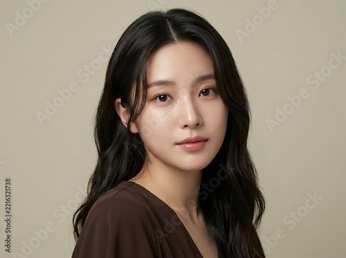 Young woman with dark wavy hair and natural makeup indoors for portrait face person female youth adult brunette waves.