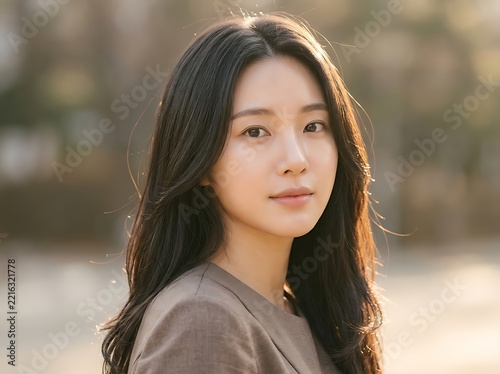 Young woman with long black hair wearing brown blazer looking at camera outdoors face head portrait person brown top.