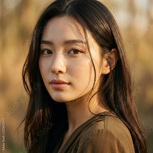 Young woman with long dark hair looking directly at the camera outdoors face eyes lips skin nose ears neck shoulders.