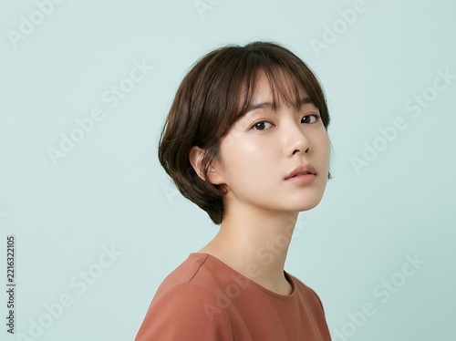 Young woman with short brown hair wearing shirt looking sideways against light green wall face eye nose mouth lip chin.