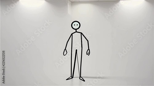 Minimalist stick figure animation showing patience while standing on white wall