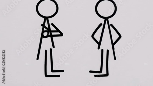 Clean minimalist stick figure animation of opposing views on white background