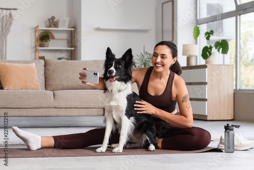 Pet wellness and active lifestyle, woman taking selfie with border collie dog...
