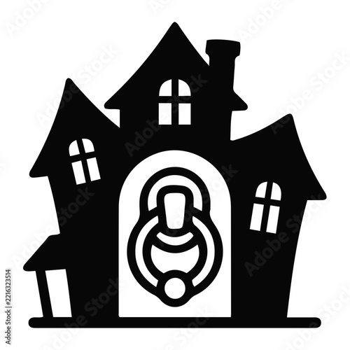 Spooky Halloween haunted house with large knocker icon