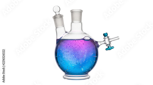 Laboratory glass flask with purple blue glowing fluid, chemistry equipment on white background, scientific research glass flask