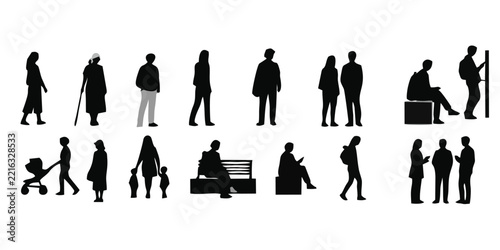black People silhouettes walking standing and sitting in various poses | diverse crowd collection for architectural visualization | flat vector icon set
