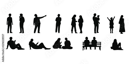 black People silhouettes walking standing and sitting in various poses | diverse crowd collection for architectural visualization | flat vector icon set