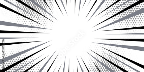 Comic book black and white radial lines background. Manga speed frame. Super hero action. Vector illustration.