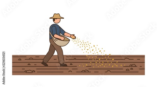 Cartoon illustration of a farmer manually sowing seeds into prepared rows of agricultural soil.