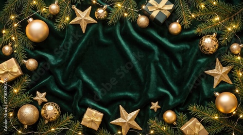 Luxury Emerald Velvet Christmas Background with Gold Stars