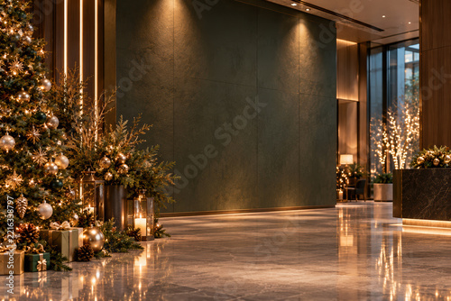 Luxury Christmas Hotel Lobby with Elegant Holiday Decorations