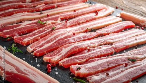 Raw bacon strips arranged evenly for cooking concepts