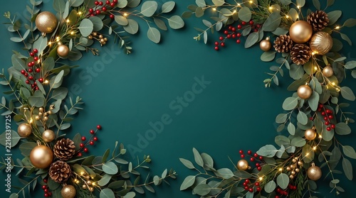 Elegant Teal Christmas Background with Botanical Border