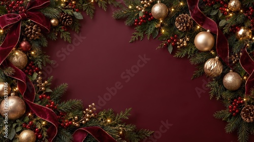 Luxury Burgundy Christmas Background with Evergreen Border