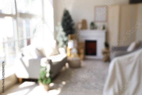 Blurred view of living room with fireplace, sofa and Christmas trees