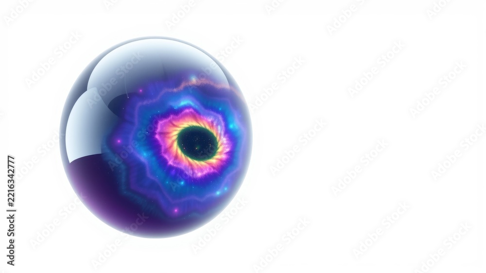 Fototapeta premium Glossy sphere displays vibrant cosmic nebula inside. Purple, blue hues dominate, creating surreal effect. Light reflects off surface.