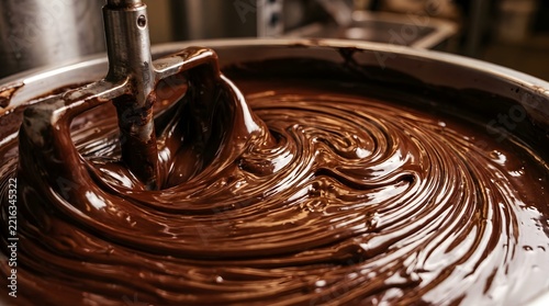 Liquid dark chocolate stirring in metal bowl, professional chocolate tempering machine close up, rich melted chocolate swirl production