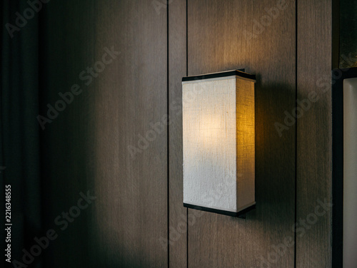 Warm Modern Wall Lamp Mounted on Dark Wooden Interior Panel

