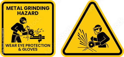 Metal Grinding Hazard Wear Eye Protection Warning Sign Vector Set