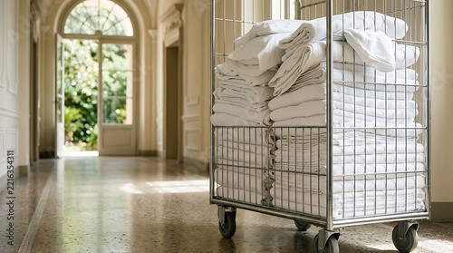 A metal housekeeping cart filled with stacks of clean white towels and linens standing in a bright, elegant hotel hallway with a view of a garden through a glass door