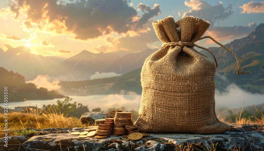 Obraz premium Natural jute financial bag representing savings and wealth