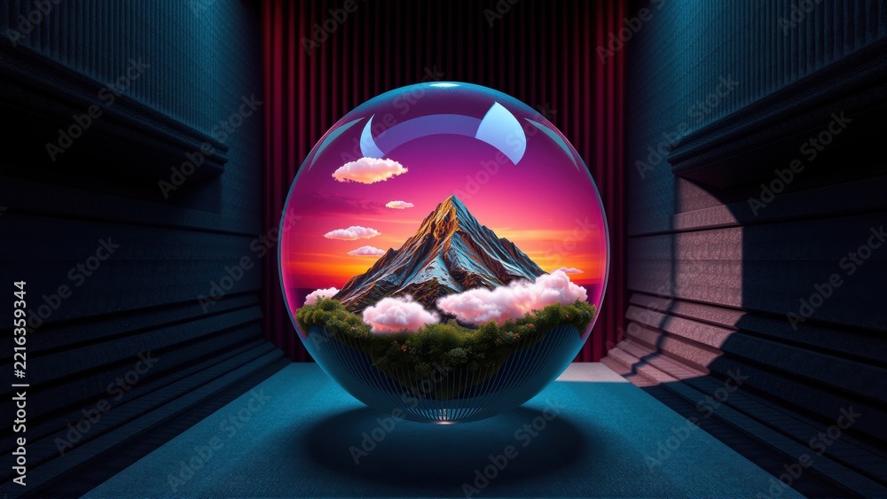 Fototapeta premium Mountain landscape inside glass sphere. Dramatic lighting, futuristic tunnel creates striking visual effect. Vivid colors, serene scene.
