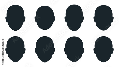 Black human head silhouette collection featuring various blank face shapes for anonymous profile avatars and user placeholders.