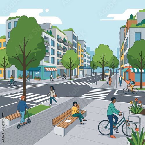 Modern eco friendly city street with diverse people and green architecture