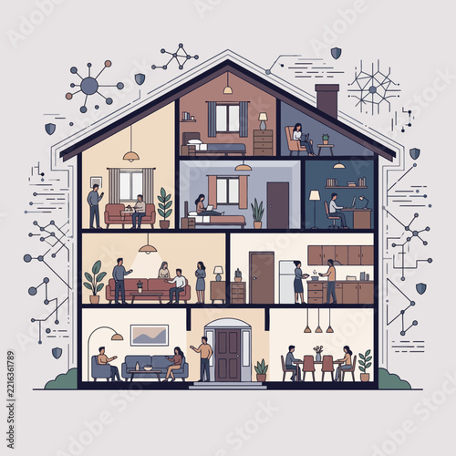 Stylized house cutaway showing diverse activities and digital connectivity