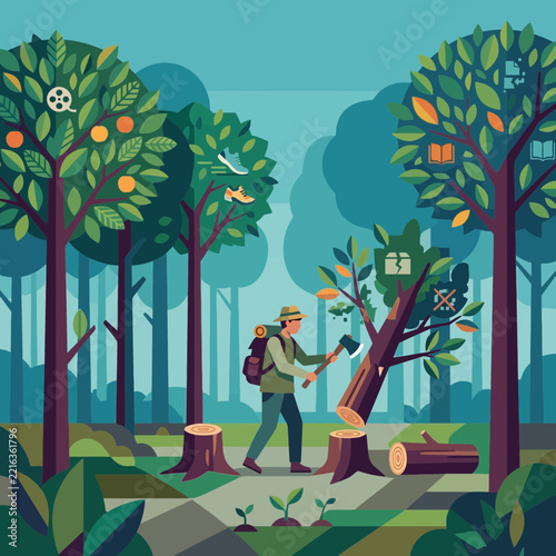 Man chopping tree with icons representing consumption in digital forest