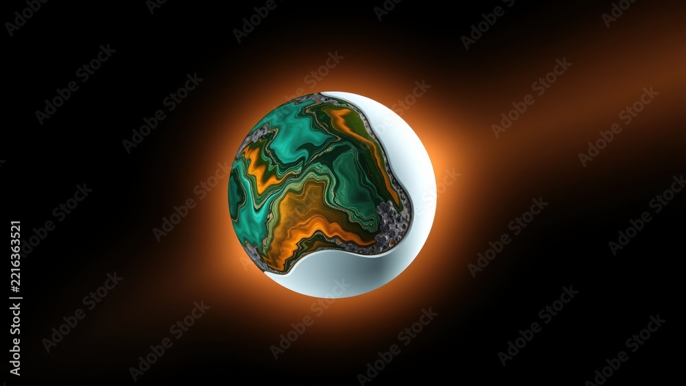 Fototapeta premium Abstract sphere, vibrant colors, dark background. Swirling patterns suggest marble or planet surface. Bright glow surrounds object.