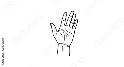 Open hand palm up raised, simple line drawing, isolated on white background, symbol of greeting or stop gesture