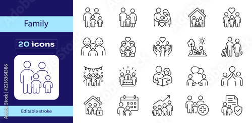 Modern family line icons collection, 20 editable stroke vector symbols featuring parents and children, household relationship and domestic life graphics, family insurance and home protection.