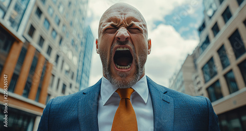 Angry Bald Man in Suit Screaming Under Cloudy Sky